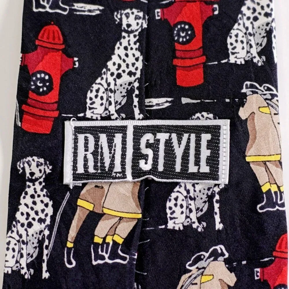 RM Style Firefighter Dalmation Black Jacqard Print Short Silk Tie‎